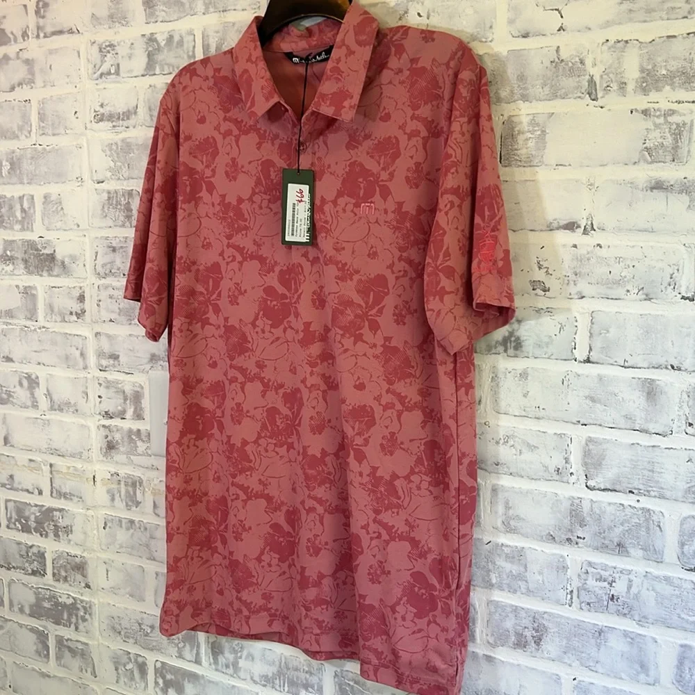 Travis Mathew Polo Shirt Mens Medium Pink Floral Marbella Golf Short Sleeve NWT - Picture 2 of 8